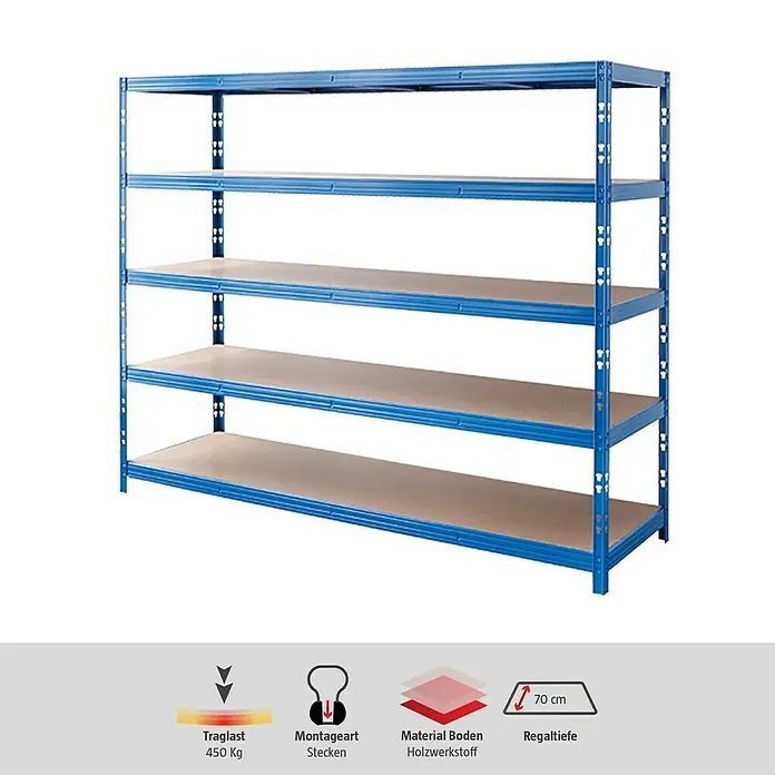 Regalux Schwerlastregal Mega - H x B x T: 200 x 240 x 70 cm, Traglast pro Boden: 450 kg, Anzahl Böden: 5 Stk., Stecken, Blau - Blaues Schwerlastregal mit fünf Regalböden aus Holzwerkstoff für Lagerung und Ordnung. Ideal für Werkstatt, Keller oder Garage.