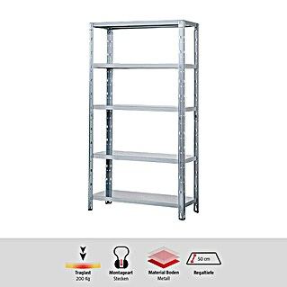 Regalux Schwerlastregal (H x B x T: 188 x 120 x 50 cm, Traglast pro Boden: 200 kg, Anzahl Böden: 5 Stk., Stecken, Silber)