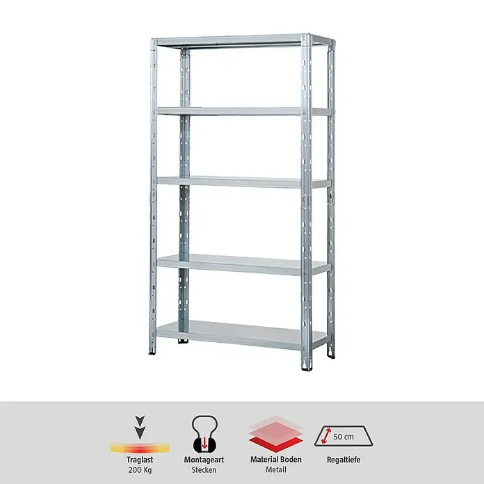 Regalux Schwerlastregal - H x B x T: 188 x 120 x 50 cm, Traglast pro Boden: 200 kg, Anzahl Böden: 5 Stk., Stecken, Silber - Metallregal mit fünf Böden. Stabiles Regal für Lagerung mit einer hohen Traglast für Werkstatt oder Keller.