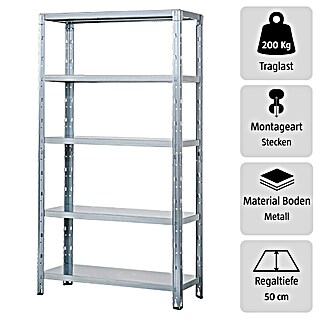 Regalux Schwerlastregal (H x B x T: 188 x 120 x 50 cm, Traglast pro Boden: 200 kg, Anzahl Böden: 5 Stk., Stecken, Silber)