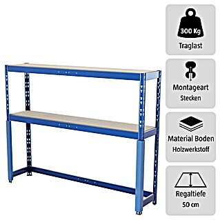 Regalux Schwerlastregal (H x B x T: 180 x 240 x 50 cm, Traglast pro Boden: 300 kg, Anzahl Böden: 2 Stk., Stecken, Blau)