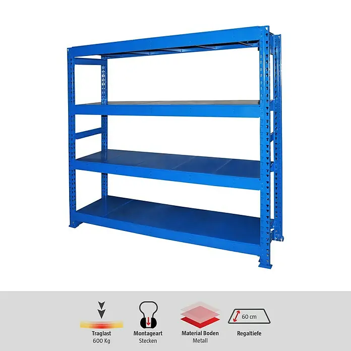 Regalux Schwerlastregal Jumbo Grundregal - H x B x T: 200 x 200 x 60 cm, Traglast pro Boden: 600 kg, Anzahl Böden: 4 Stk., Stecken, Blau - Abbildung eines blauen Metallregals mit vier Ebenen, ideal für Lagerung. Das Regal bietet robuste und zuverlässige Aufbewahrungslösungen.