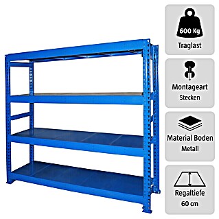 Regalux Schwerlastregal Jumbo Grundregal (H x B x T: 200 x 200 x 60 cm, Traglast pro Boden: 600 kg, Anzahl Böden: 4 Stk., Stecken, Blau)