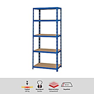 Regalux Schwerlastregal M (H x B x T: 180 x 60 x 50 cm, Traglast pro Boden: 290 kg, Anzahl Böden: 5 Stk., Stecken, Blau)