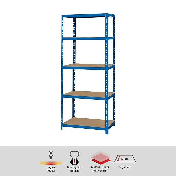 Regalux Schwerlastregal M - H x B x T: 180 x 60 x 50 cm, Traglast pro Boden: 290 kg, Anzahl Böden: 5 Stk., Stecken, Blau - Regal mit fünf Regalböden und blauem Metallrahmen für Lagerung und Organisation.\n