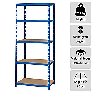 Regalux Schwerlastregal M (H x B x T: 180 x 60 x 50 cm, Traglast pro Boden: 290 kg, Anzahl Böden: 5 Stk., Stecken, Blau)