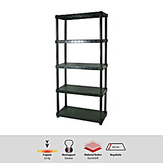 Regalux Kunststoffregal (H x B x T: 188 x 90 x 40 cm, Traglast pro Boden: 55 kg, Anzahl Böden: 5 Stk., Stecken, Schwarz)