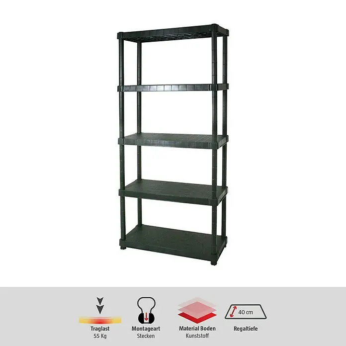 Regalux Kunststoffregal - H x B x T: 188 x 90 x 40 cm, Traglast pro Boden: 55 kg, Anzahl Böden: 5 Stk., Stecken, Schwarz - Ein schwarzes Kunststoffregal mit fünf Regalböden, ideal zur Lagerung und Organisation von Gegenständen.