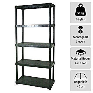 Regalux Kunststoffregal (H x B x T: 188 x 90 x 40 cm, Traglast pro Boden: 55 kg, Anzahl Böden: 5 Stk., Stecken, Schwarz)