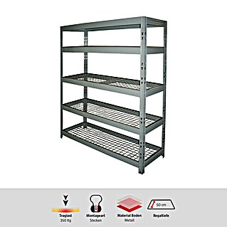 Schwerlastregal (H x B x T: 180 x 140 x 50 cm, Traglast pro Boden: 350 kg, Anzahl Böden: 5 Stk., Stecken, Grau)