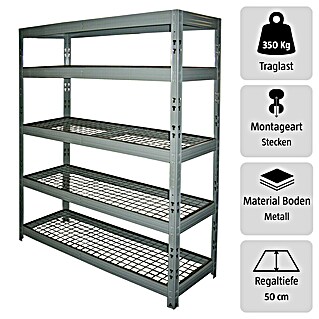 Schwerlastregal (H x B x T: 180 x 140 x 50 cm, Traglast pro Boden: 350 kg, Anzahl Böden: 5 Stk., Stecken, Grau)