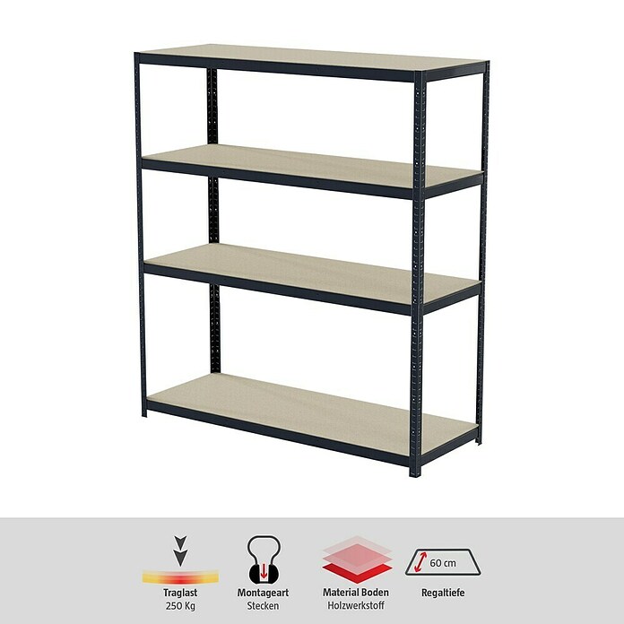 Regalux Metall-Schwerlastregal R250 (60 x 160 x 180 cm, Traglast: 250 kg/Boden, Stecken)