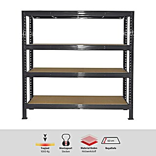 Schwerlastregal Super Heavy (H x B x T: 200 x 200 x 60 cm, Traglast pro Boden: 1.000 kg, Anzahl Böden: 4 Stk., Stecken, Blaugrau)