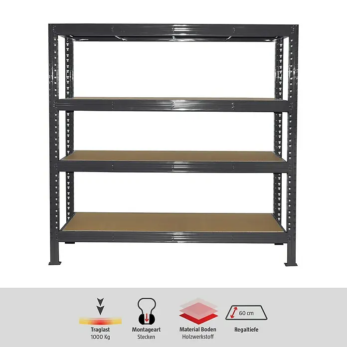 Schwerlastregal Super Heavy - H x B x T: 200 x 200 x 60 cm, Traglast pro Boden: 1.000 kg, Anzahl Böden: 4 Stk., Stecken, Blaugrau - Abbildung eines robusten, grauen Schwerlastregals mit vier Regalböden aus Holzwerkstoff. Das Regal ist für hohe Lasten ausgelegt.