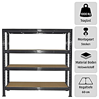 Schwerlastregal Super Heavy (H x B x T: 200 x 200 x 60 cm, Traglast pro Boden: 1.000 kg, Anzahl Böden: 4 Stk., Stecken, Blaugrau)