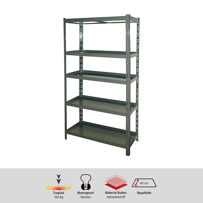 Schwerlastregal - H x B x T: 180 x 90 x 45 cm, Traglast pro Boden: 150 kg, Anzahl Böden: 5 Stk., Stecken, Grau - Produktabbildung: Ein robustes, graues Metallregal mit fünf Böden, ideal für Lager und Werkstatt.