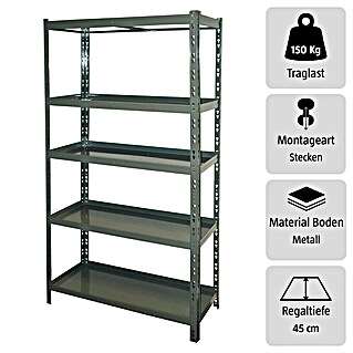 Schwerlastregal (H x B x T: 180 x 90 x 45 cm, Traglast pro Boden: 150 kg, Anzahl Böden: 5 Stk., Stecken, Grau)