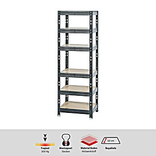 Schwerlastregal (H x B x T: 180 x 60 x 50 cm, Traglast pro Boden: 300 kg, Anzahl Böden: 6 Stk., Stecken, Schwarz)