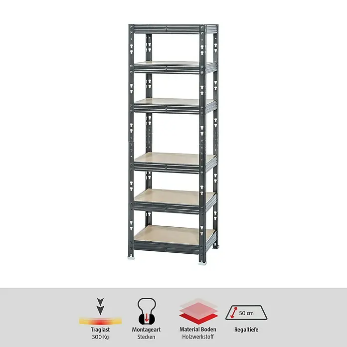 Schwerlastregal - H x B x T: 180 x 60 x 50 cm, Traglast pro Boden: 300 kg, Anzahl Böden: 6 Stk., Stecken, Schwarz - Regal mit 5 Böden. Das Schwerlastregal bietet viel Stauraum und ist einfach zu montieren. Ideal für Keller, Garage oder Werkstatt.