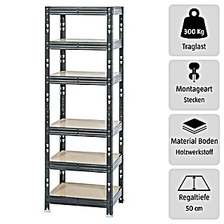 Schwerlastregal (H x B x T: 180 x 60 x 50 cm, Traglast pro Boden: 300 kg, Anzahl Böden: 6 Stk., Stecken, Schwarz)