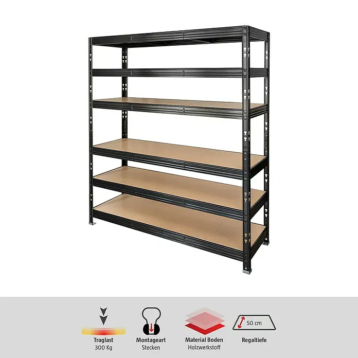 Schwerlastregal - H x B x T: 180 x 160 x 50 cm, Traglast pro Boden: 300 kg, Anzahl Böden: 6 Stk., Stecken, Schwarz - Abgebildett ist ein schwarzes Schwerlastregal mit 5 Böden aus Holzwerkstoff. Es hat eine Traglast von 300 Kg und eine Regaltiefe von 50 cm.