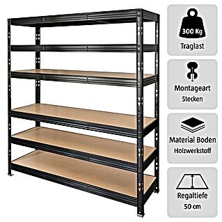 Schwerlastregal (H x B x T: 180 x 160 x 50 cm, Traglast pro Boden: 300 kg, Anzahl Böden: 6 Stk., Stecken, Schwarz)