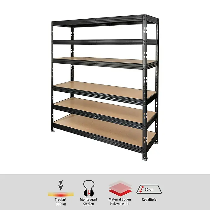 Schwerlastregal - H x B x T: 180 x 120 x 50 cm, Traglast pro Boden: 300 kg, Anzahl Böden: 6 Stk., Stecken, Schwarz - Schwarzes Schwerlastregal mit fünf Regalböden aus Holzwerkstoff. Das Regal ist ideal für Lagerung und Ordnung.