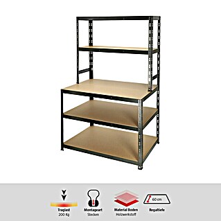 Regalux Stufenregal (H x B x T: 180 x 100 x 60 cm, Traglast pro Boden: 200 kg, Anzahl Böden: 5 Stk., Stecken, Schwarz)