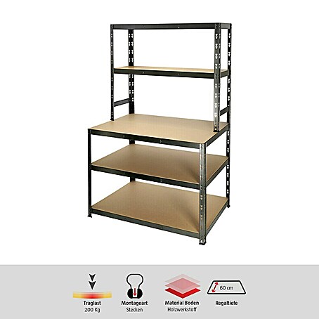 Regalux Stufenregal (H x B x T: 180 x 100 x 60 cm, Traglast pro Boden: 200 kg, Anzahl Böden: 5 Stk., Stecken, Schwarz)