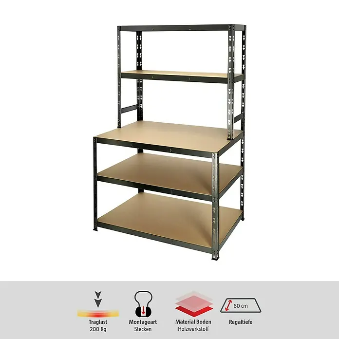 Regalux Stufenregal - H x B x T: 180 x 100 x 60 cm, Traglast pro Boden: 200 kg, Anzahl Böden: 5 Stk., Stecken, Schwarz - Abbildung eines Metallregals mit vier Holzböden, geeignet für Werkstatt oder Lager. Das Regal ist stabil und bietet viel Stauraum.