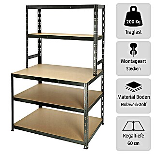 Regalux Stufenregal (H x B x T: 180 x 100 x 60 cm, Traglast pro Boden: 200 kg, Anzahl Böden: 5 Stk., Stecken, Schwarz)