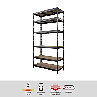 Regalux Schwerlastregal (H x B x T: 200 x 100 x 45 cm, Traglast pro Boden: 250 kg, Anzahl Böden: 6 Stk., Stecken, Anthrazit)