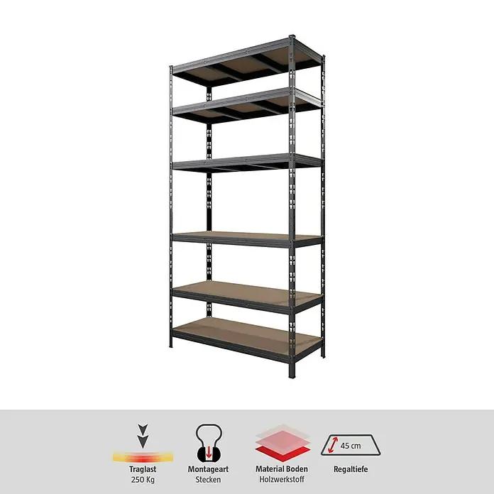 Regalux Schwerlastregal - H x B x T: 200 x 100 x 45 cm, Traglast pro Boden: 250 kg, Anzahl Böden: 6 Stk., Stecken, Anthrazit - Abbildung eines schwarzen, sechsstöckigen Lagerregals mit Holzwerkstoffböden, ideal für Keller, Garage oder Abstellraum.
