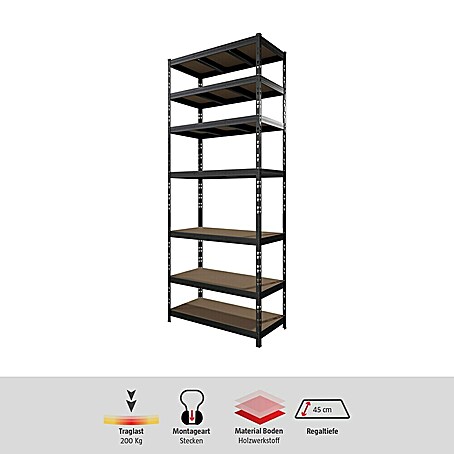 Regalux Schwerlastregal (H x B x T: 226 x 90 x 45 cm, Traglast pro Boden: 200 kg, Anzahl Böden: 7 Stk., Stecken, Anthrazit)