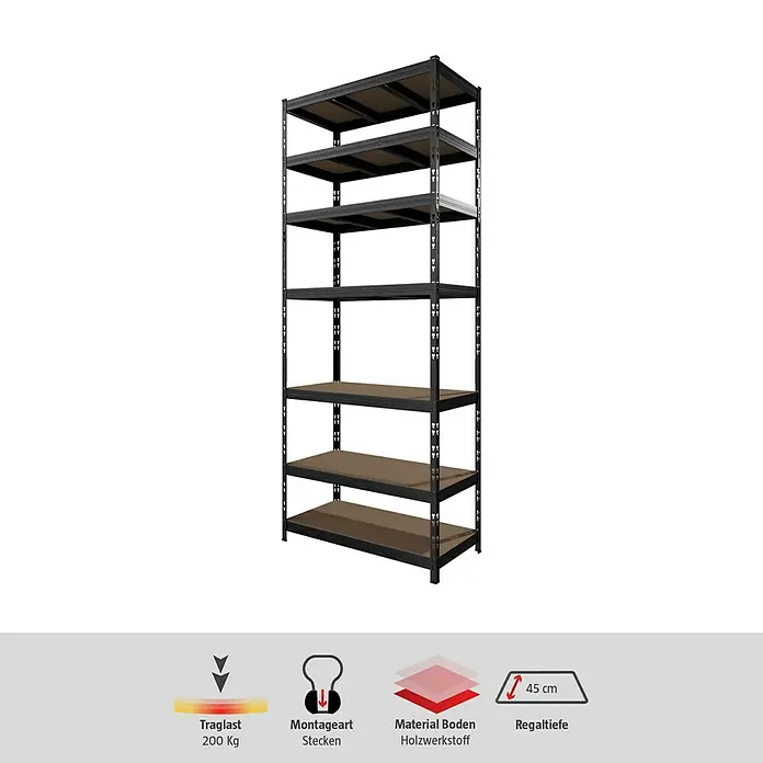 Regalux Schwerlastregal - H x B x T: 226 x 90 x 45 cm, Traglast pro Boden: 200 kg, Anzahl Böden: 7 Stk., Stecken, Anthrazit - Bild eines hohen, schwarzen Schwerlastregals mit sechs Regalböden. Ideal für Garage, Keller oder Werkstatt.