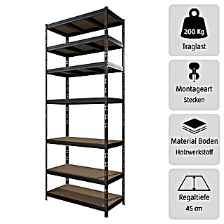 Regalux Schwerlastregal (H x B x T: 226 x 90 x 45 cm, Traglast pro Boden: 200 kg, Anzahl Böden: 7 Stk., Stecken, Anthrazit)