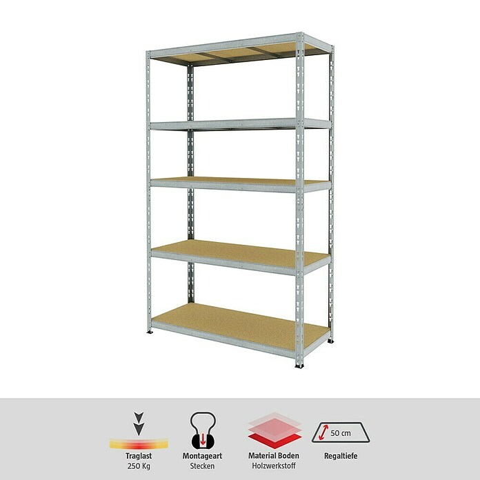 Schwerlastregal (H x B x T: 200 x 120 x 50 cm, Traglast pro Boden: 250 kg, Anzahl Böden: 5 Stk., Stecken, Grau) | BAUHAUS