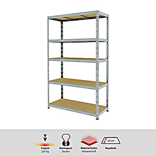 Schwerlastregal (H x B x T: 200 x 120 x 50 cm, Traglast pro Boden: 250 kg, Anzahl Böden: 5 Stk., Stecken, Grau)
