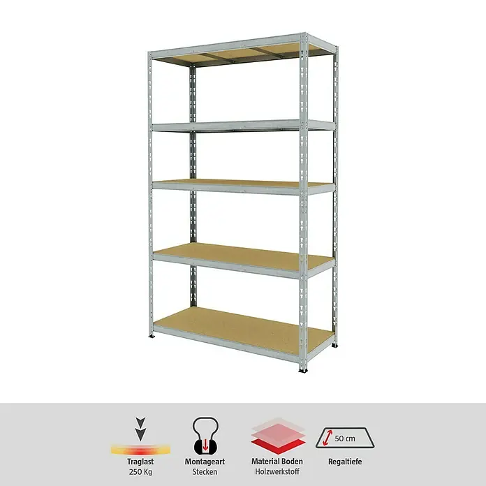 Schwerlastregal - H x B x T: 200 x 120 x 50 cm, Traglast pro Boden: 250 kg, Anzahl Böden: 5 Stk., Stecken, Grau - Ein vielseitiges Metallregal mit fünf Holzfaserplatten, ideal für Lagerung und Organisation. Das Regal ist robust und einfach zu montieren.