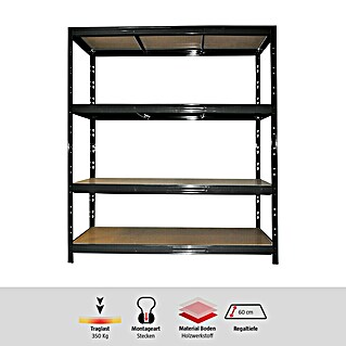 Regalux Schwerlastregal XXL (H x B x T: 185 x 160 x 60 cm, Traglast pro Boden: 350 kg, Anzahl Böden: 4 Stk., Stecken, Schwarz)