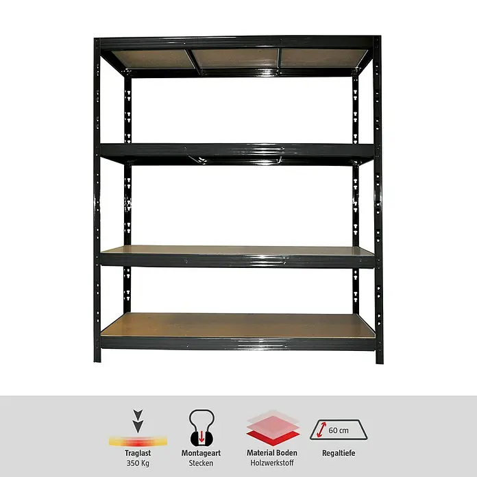 Regalux Schwerlastregal XXL - H x B x T: 185 x 160 x 60 cm, Traglast pro Boden: 350 kg, Anzahl Böden: 4 Stk., Stecken, Schwarz - Das Bild zeigt ein Regal mit vier Ebenen, ideal für Lagerung. Es ist robust und bietet viel Stauraum.