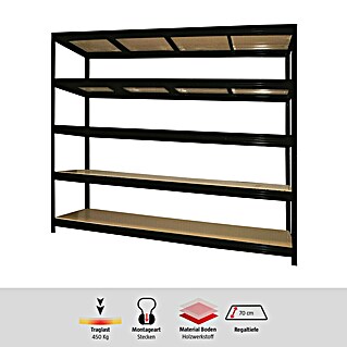 Regalux Schwerlastregal Mega (H x B x T: 200 x 240 x 70 cm, Traglast pro Boden: 450 kg, Anzahl Böden: 5 Stk., Stecken, Schwarz)