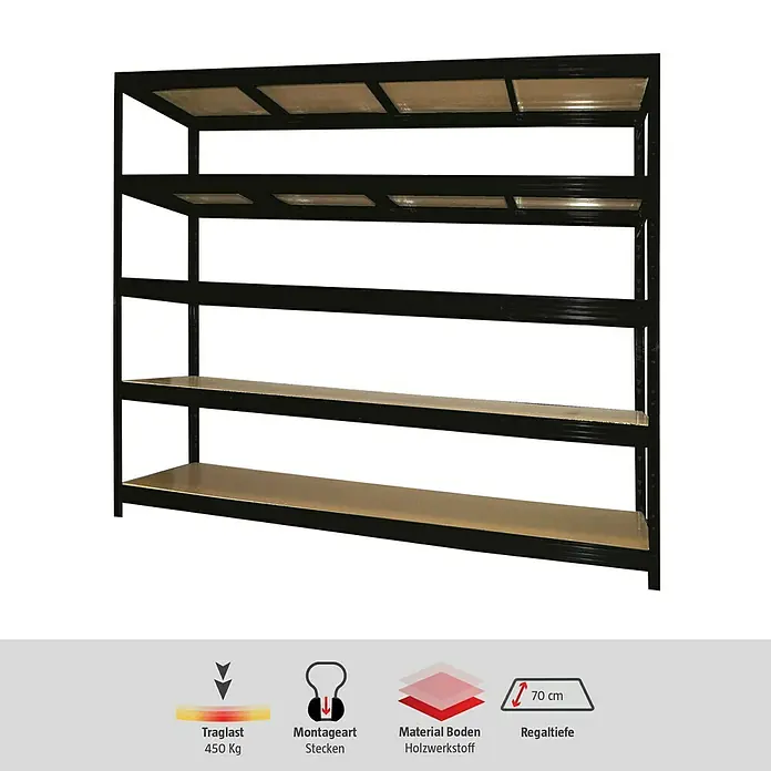 Regalux Schwerlastregal Mega - H x B x T: 200 x 240 x 70 cm, Traglast pro Boden: 450 kg, Anzahl Böden: 5 Stk., Stecken, Schwarz - Abbildung eines schwarzen Metallregals mit fünf Holzfächern, ideal zur Aufbewahrung verschiedener Gegenstände.