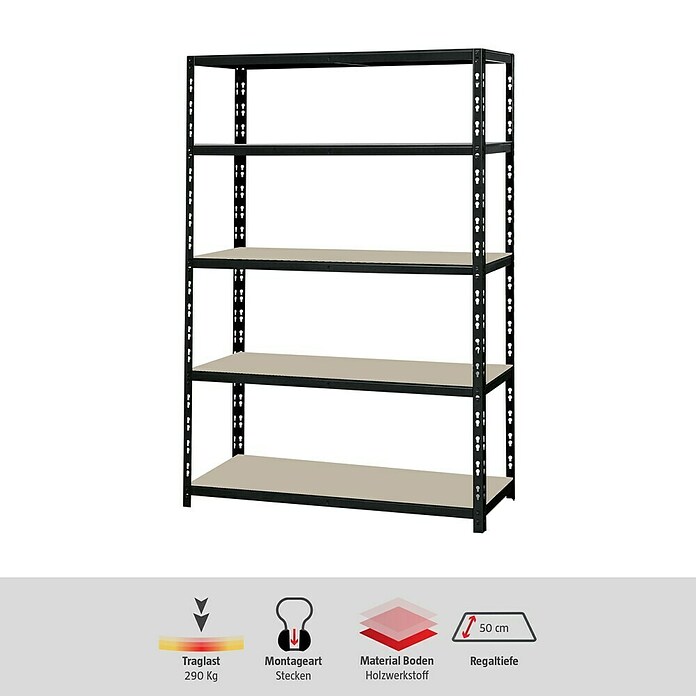 Regalux Schwerlastregal XL (H x B x T: 180 x 120 x 50 cm, Traglast pro Boden: 290 kg, Anzahl Böden: 5 Stk., Stecken, Schwarz) | BAUHAUS