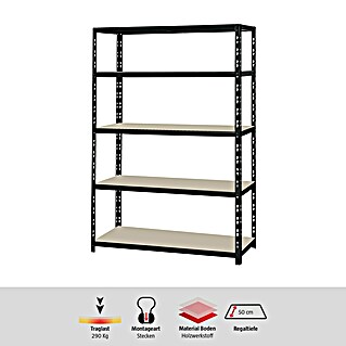 Regalux Schwerlastregal XL (H x B x T: 180 x 120 x 50 cm, Traglast pro Boden: 290 kg, Anzahl Böden: 5 Stk., Stecken, Schwarz)