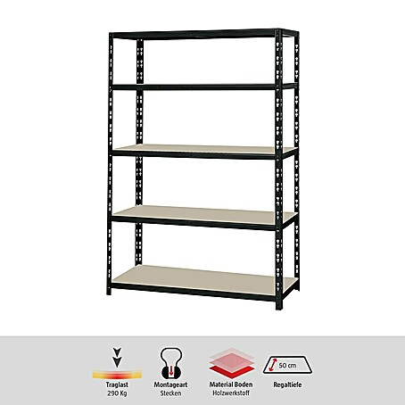 Regalux Schwerlastregal XL (H x B x T: 180 x 120 x 50 cm, Traglast pro Boden: 290 kg, Anzahl Böden: 5 Stk., Stecken, Schwarz)