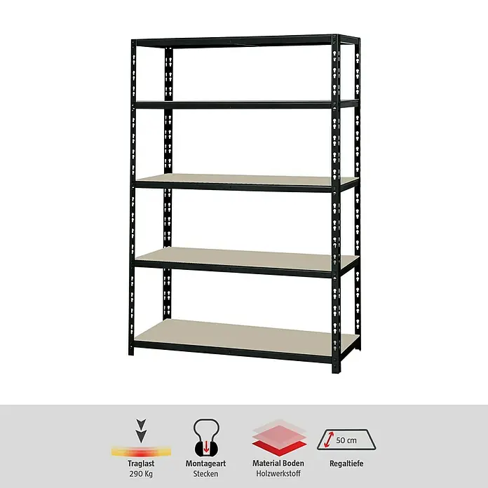 Regalux Schwerlastregal XL - H x B x T: 180 x 120 x 50 cm, Traglast pro Boden: 290 kg, Anzahl Böden: 5 Stk., Stecken, Schwarz - Regal mit fünf Böden.