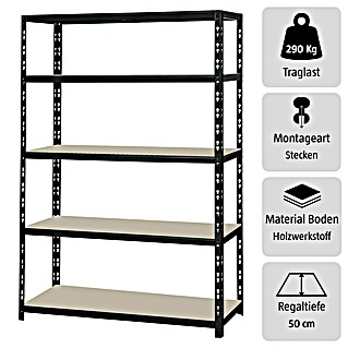 Regalux Schwerlastregal XL (H x B x T: 180 x 120 x 50 cm, Traglast pro Boden: 290 kg, Anzahl Böden: 5 Stk., Stecken, Schwarz)