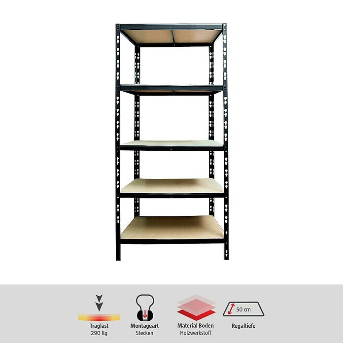 Regalux Schwerlastregal M (H x B x T: 180 x 60 x 50 cm, Traglast pro Boden: 290 kg, Anzahl Böden: 5 Stk., Stecken, Schwarz) | BAUHAUS