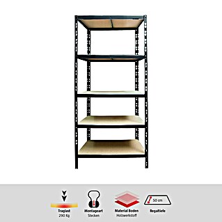 Regalux Schwerlastregal M (H x B x T: 180 x 60 x 50 cm, Traglast pro Boden: 290 kg, Anzahl Böden: 5 Stk., Stecken, Schwarz)